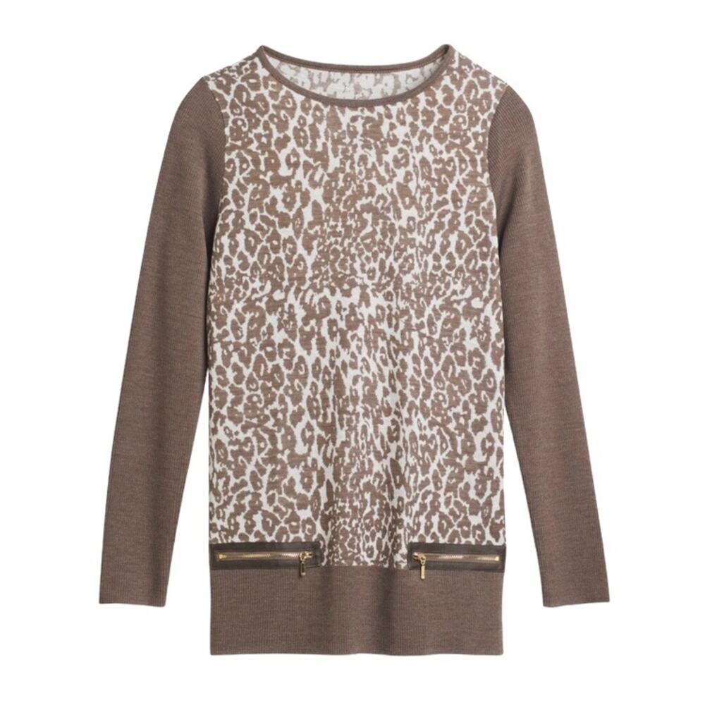 Chico’s Size 1(8-M) Hanna Leopard Pattern Zip Pullover Wool Blend Knit Sweater